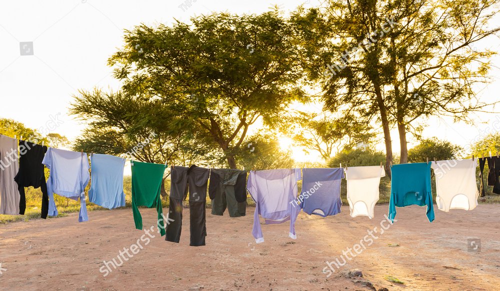 Mens and womens laundry drying on outdoor clothes line with pegs and sun  streaming in behind - THPStock